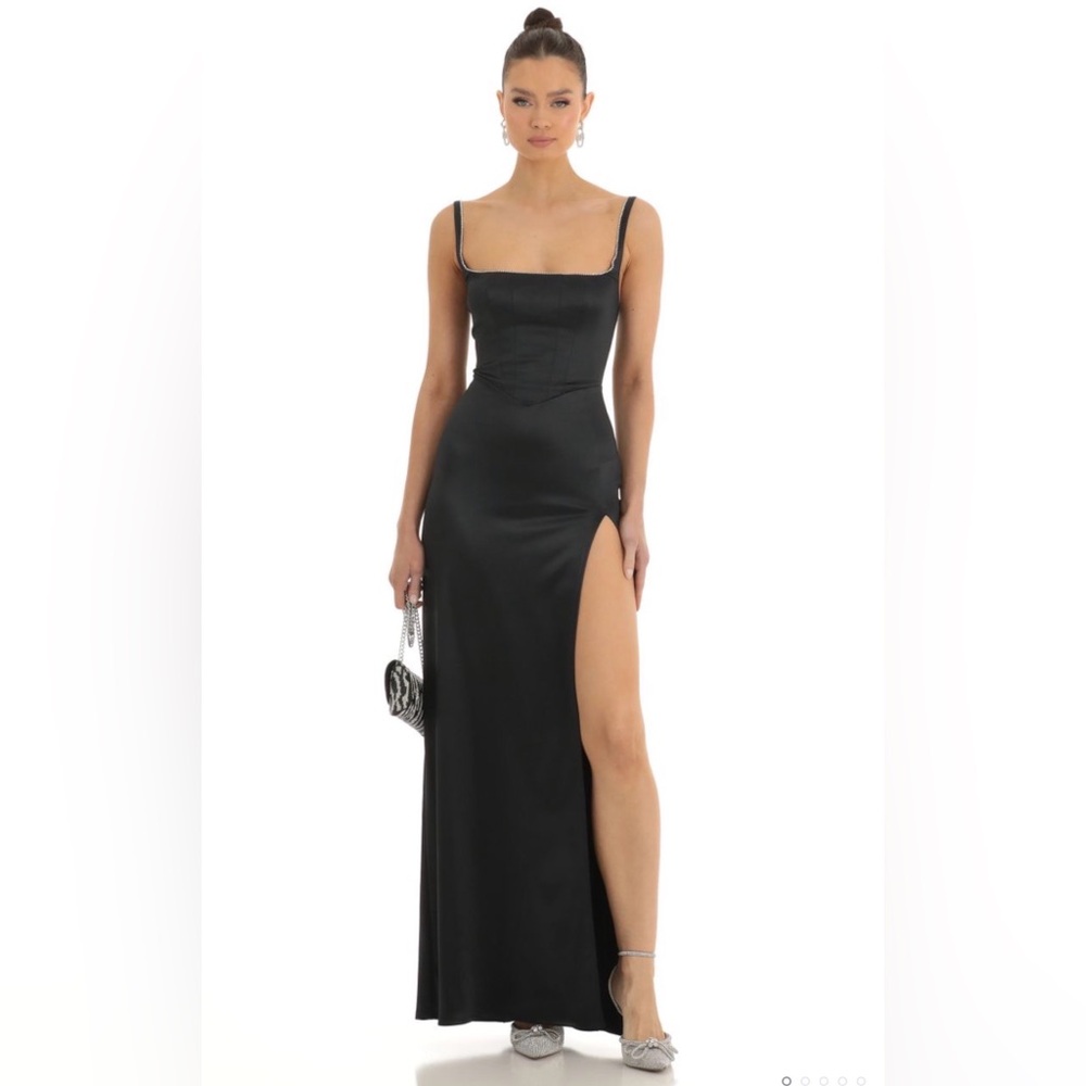 Lucy In The Sky Satin Rhinestone Maxi Dress in Black Medium